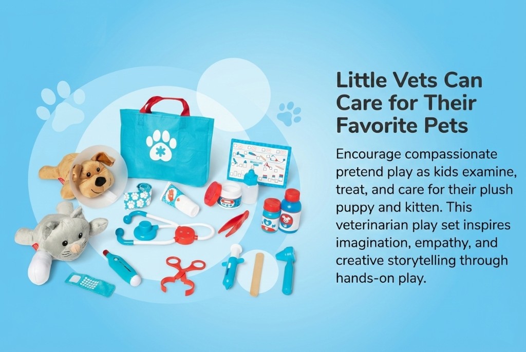 Marketing graphic: kids veterinarian pretend play set with plush pets and toy medical accessories.