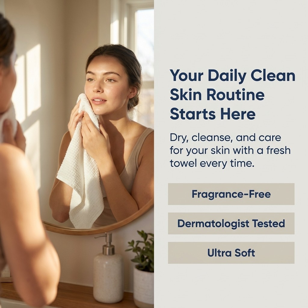 Marketing graphic: woman drying face with towel at mirror — Your Daily Clean Skin Routine Starts Here; fragrance-free, dermatologist tested, ultra soft.